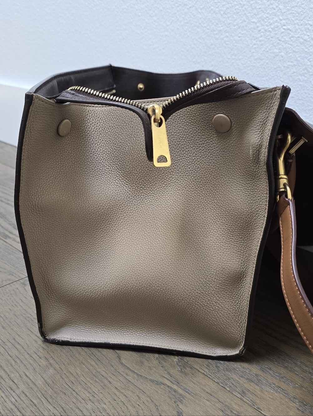 Celene Tricolor Medium Trapeze Luggage Satchel in Cognac Brown Tan - Picture 8 of 14